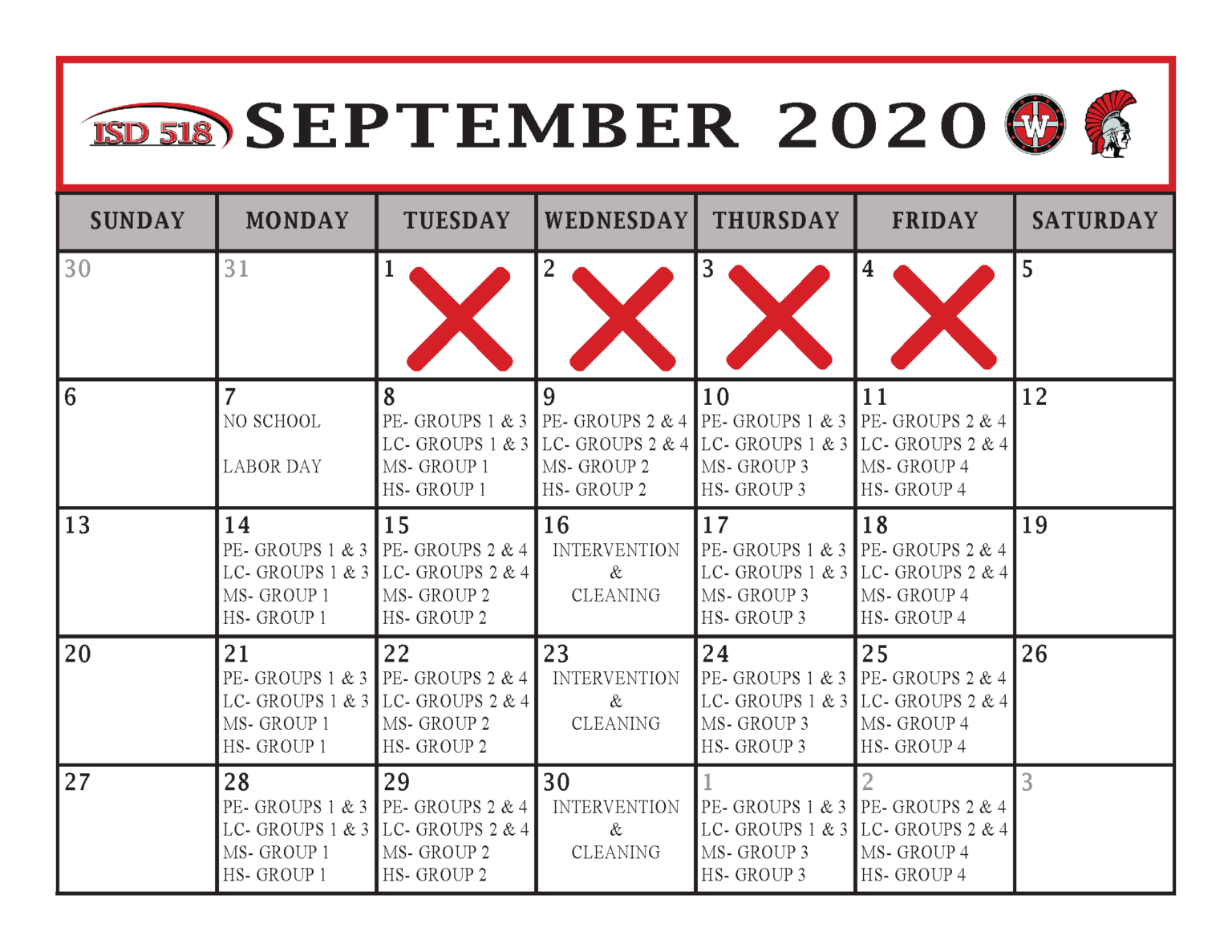 September Calendar for ISD 518 InPerson Learning Independent School