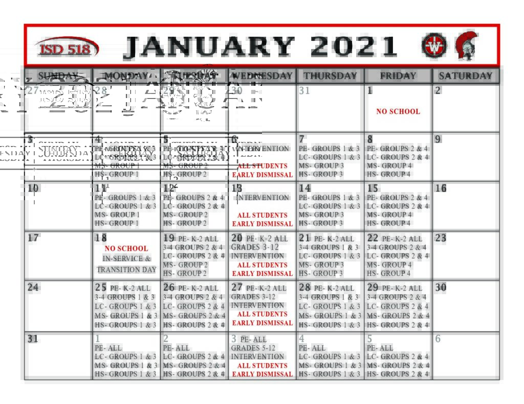 ISD 518 January 2021 Hybrid Learning Calendar Independent School